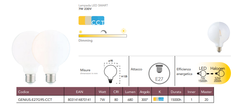 Lampada LED SMART WIFI globo G95 attacco E27 CCT 7W 680 lumen resa 52W 230V Lampada LED SMART WIFI globo G95 attacco E27 CCT 7W 680 lumen resa 52W 230V
